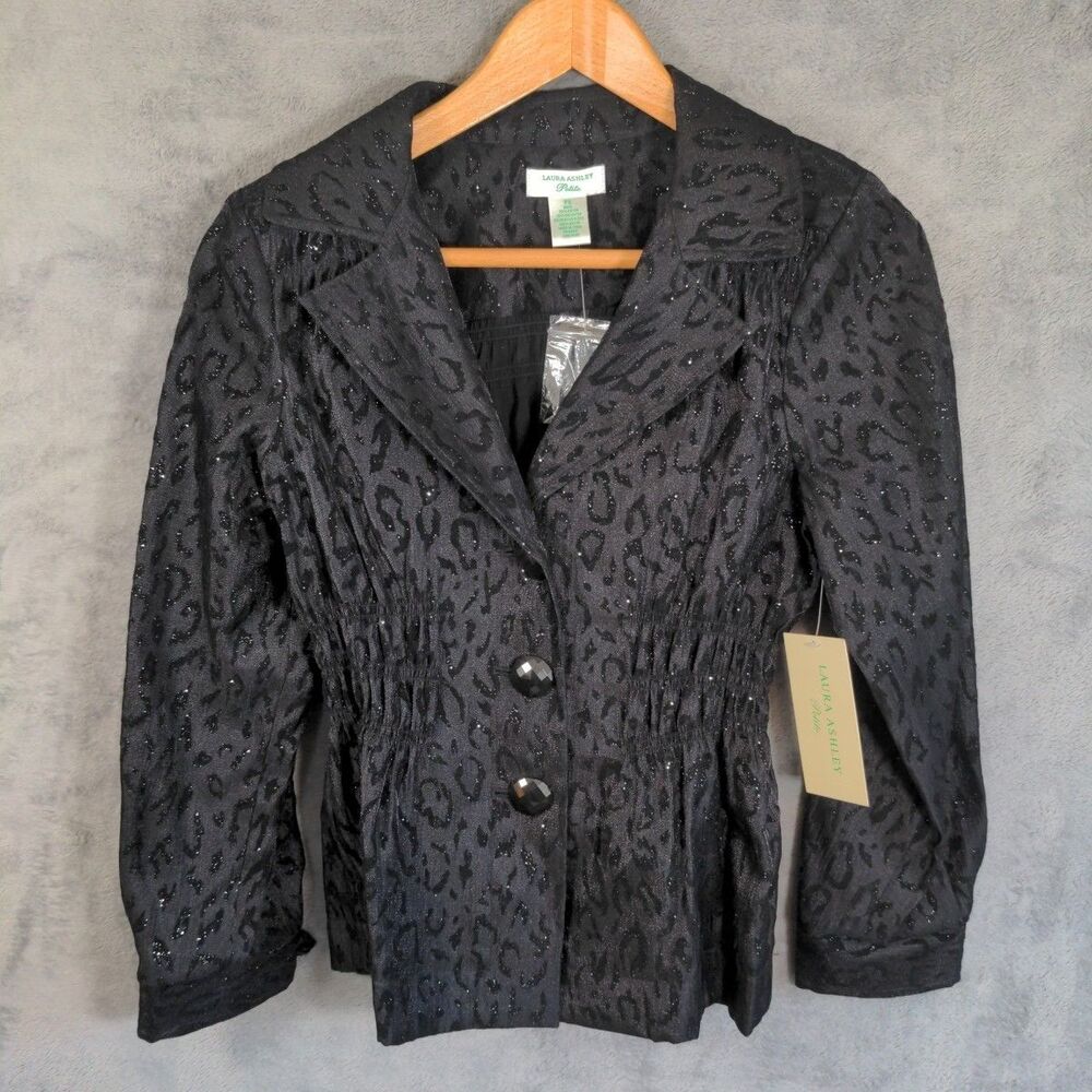 NWT Laura Ashley Blazer Sz PS Black On Black Cheetah Sparkle Jacket Fitted